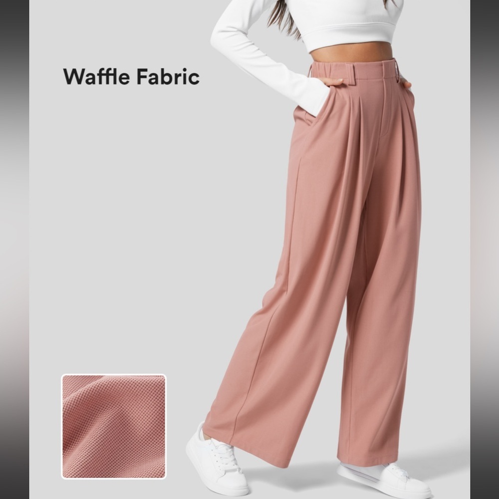 Halara Pink High Waisted Plicated Wide Leg Waffle Work‎ Pants!! NEW/NWOT!🌸